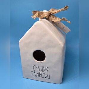 Rae Dunn White Ceramic Decorative Birdhouse with The Words 'Chasing Rainbows'